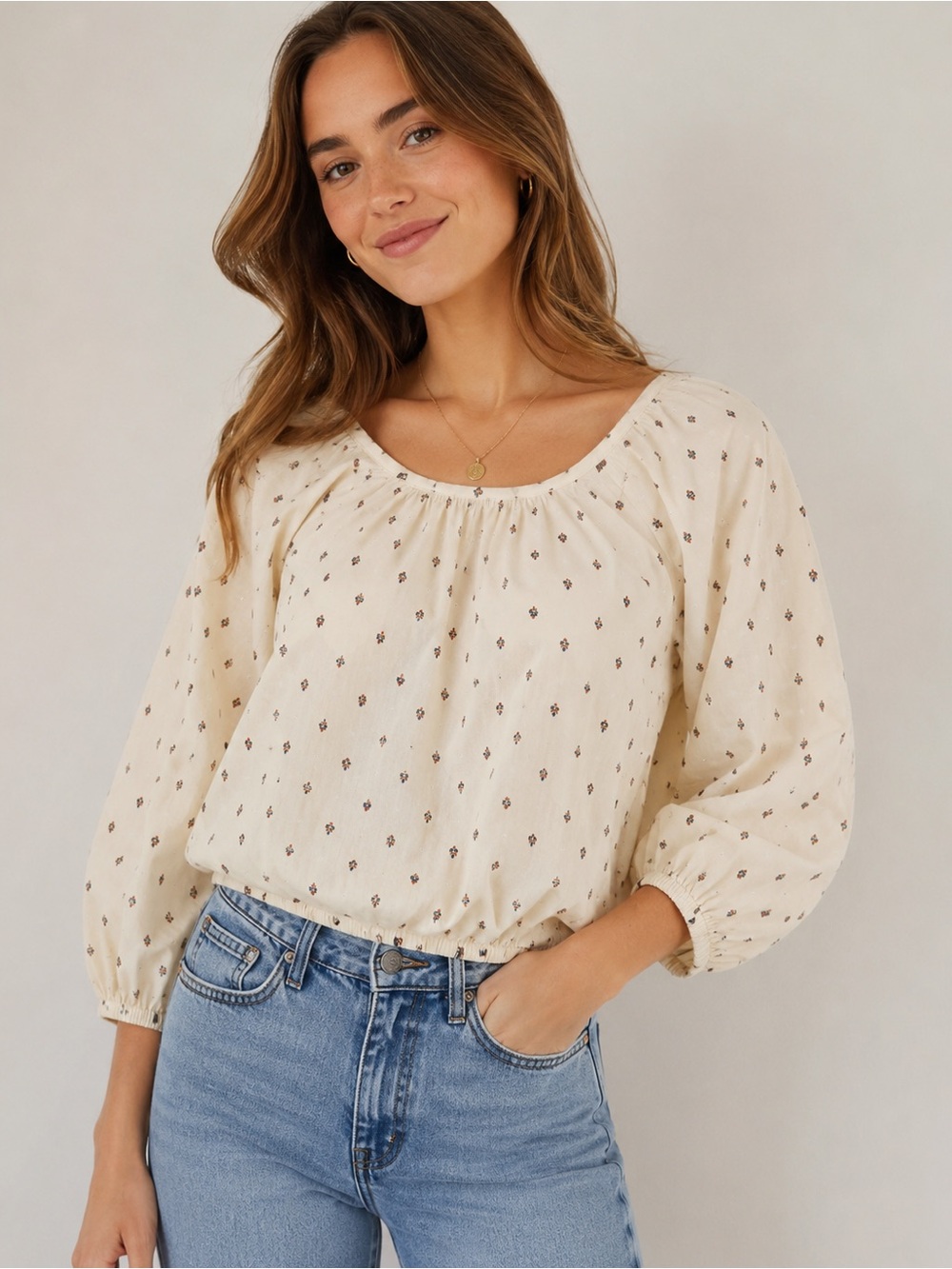 Madewell Ivory Floral Peasant Blouse Cottagecore Boho Balloon Sleeve Top